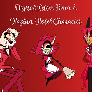 Puede incluir: Ilustración digital de tres personajes de Hazbin Hotel sobre un fondo rojo. Los personajes están representados en rojo, negro y blanco. El texto en la parte superior dice "Digital Letter From A Hazbin Hotel Character."