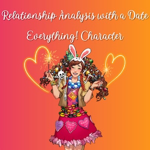 以下が含まれることがあります： 「Relationship Analysis with a Date Everything! Character」というテキストが入ったイラスト。ウサギの耳をつけた漫画のキャラクターが、手持ち花火を持ち、ハート型の輪郭に囲まれています。