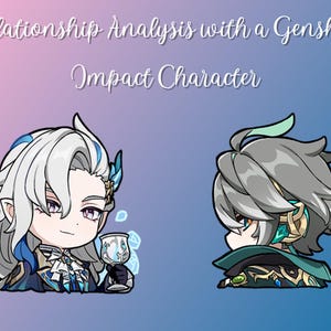 Puede incluir: Ilustración de dos personajes de estilo anime de Genshin Impact. Un personaje tiene cabello blanco con detalles azules y sostiene una copa. El otro personaje tiene cabello gris. El texto en la parte superior dice "Relationship Analysis with a Genshin Impact Character."