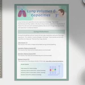 Może przedstawiać: Zielono-biała infografika zatytułowana "Lung Volumes & Capacities" wyjaśnia różne objętości i pojemności płuc, w tym objętość oddechową, objętość rezerwową wdechową, objętość rezerwową wydechową i objętość resztkową. Infografika zawiera schemat przedstawiający różne objętości płuc.