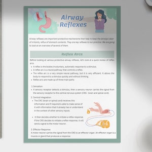 May include: A printed educational document titled "Airway Reflexes" with diagrams and text explaining reflex arcs. The document is on a white surface with a ruler, pen, and coffee cup nearby.