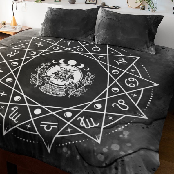 Ensemble de literie housse de couette gothique Moth, ensemble de lit symboles païens, housse de couette Goth occulte, taies d'oreiller alternatives Wicca Runes et housse de couette