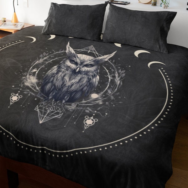 Ensemble de literie avec housse de couette hibou familier, ensemble de draps Wiccan Moon Phases, housse de couette Boho Wicca Bird, taies d'oreiller astrologie et housse de couette