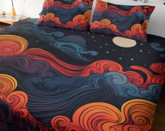 Psychedelic Clouds Duvet Cover Bedding Set, Trippy Moon Bed Set, Boho Quilt Cover, Alternative Hippy Acid Pillow Cases & Comforter Cover