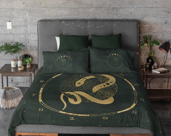 Wiccan Lunar Snake Duvet Cover Bedding Set, Pagan Symbols Bed Set, Quilt Cover, Wicca Symbolism, Moon Phases Pillow Cases & Comforter Cover