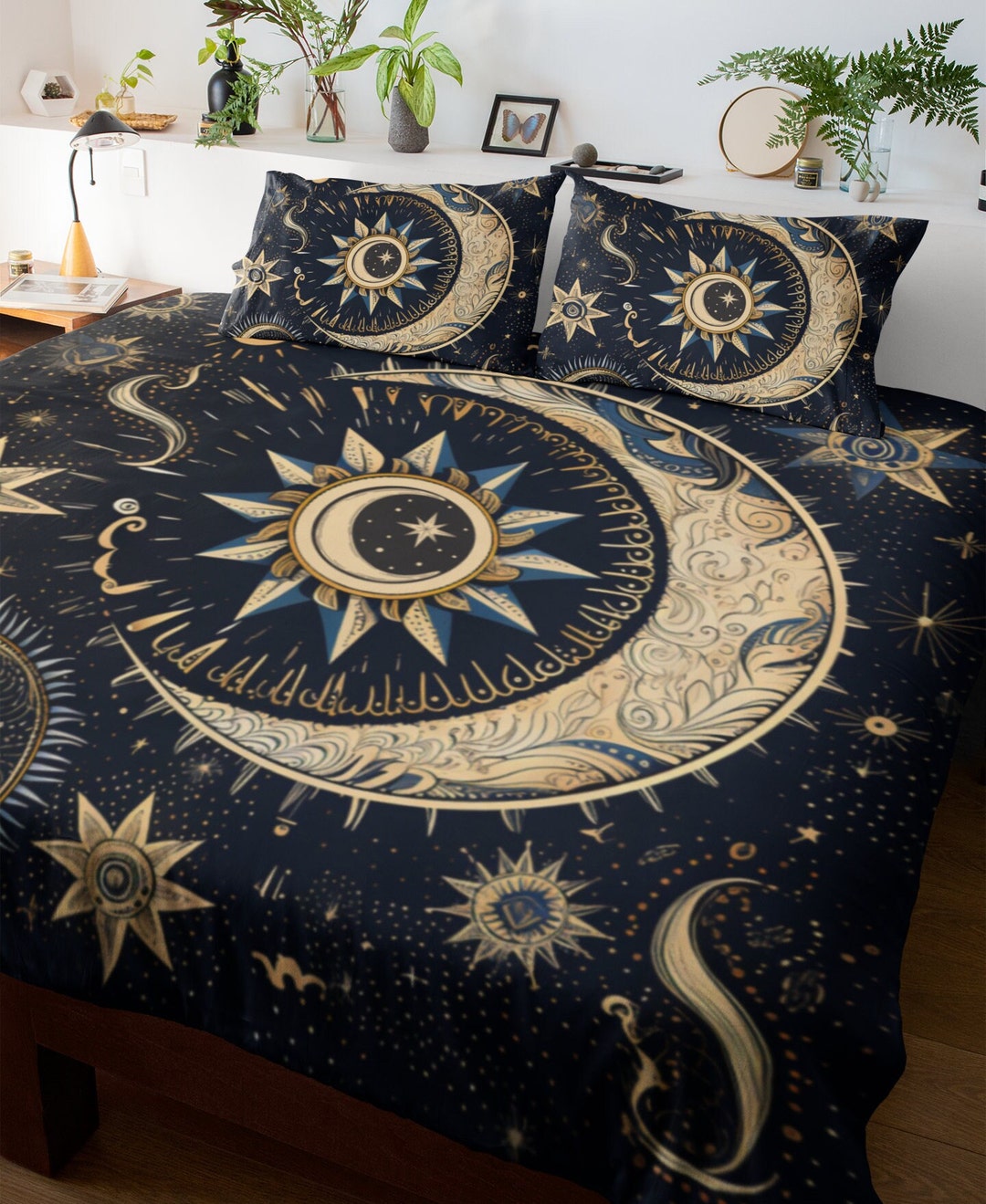 Celestial Moon and Sun Duvet Cover Bedding Set, Boho Bed Sheet Set
