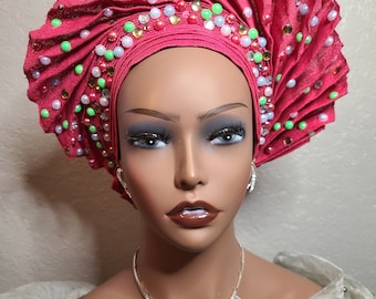 Beaded Fan Out Aso Oke Auto Gele Ready to Wear Gele Aso-ebi Aso-oke Two(2)Toned Aso-oke Gele Traditional Wedding African pre-tied Gele