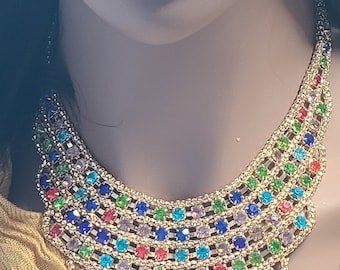 Golden Princess Necklace, French Court Chunky Colored Glass Necklace, Rhinestone Spiral Bib Necklace, Earrings Statement Party Jewelry Set