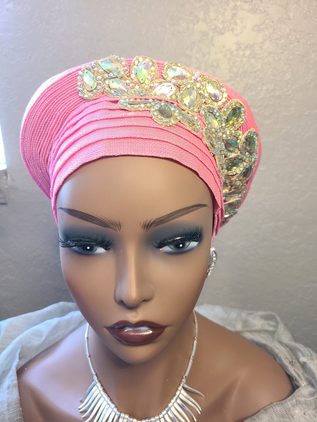 Bead Embellished Pleated Aso Oke Auto Gele Gele Headtie Hat Asooke