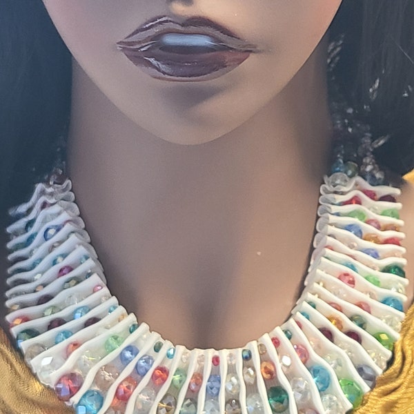Multi Colored Crystal 4 Tiered Bib Necklace, Sobral Statement Colorful Necklace, Multicolor Crystal Beaded Western Necklace