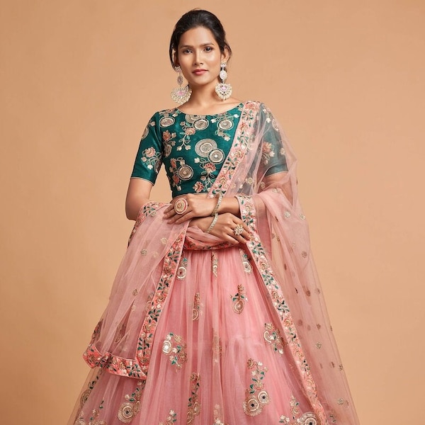 Exclusive Peach Soft Net  Silk Lehenga Choli With Embroidery And Sequence Work With Soft Butterfly Net Dupatta For Women, Indian Lehenga