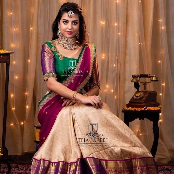 Designer Kanjivaram Seidenhalbsari Lehenga mit Banarasi-Seidenbluse Südindische Hochzeitsfrau Saree Lengha Classic Wear Lehenga