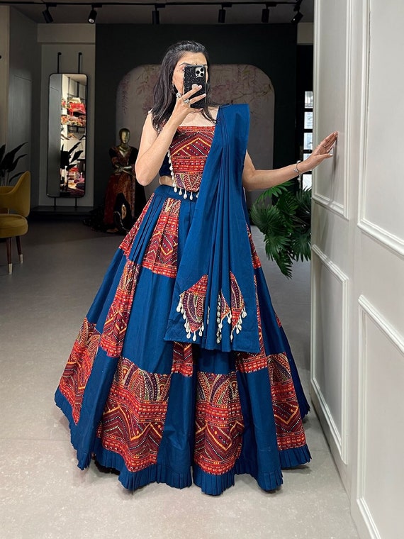 Buy Navy Blue Digital Printed Cotton Lehenga Choli Online