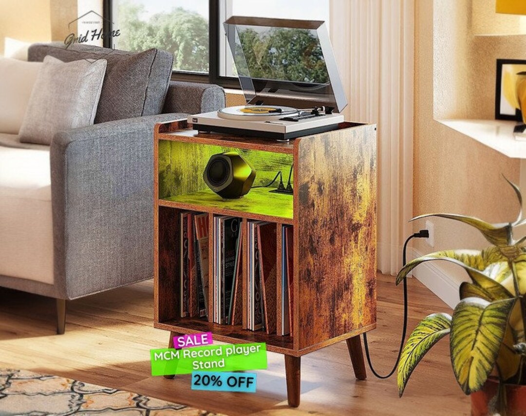 Midcentury Rustic Record Player Stand Wooden Nightstand Etsy