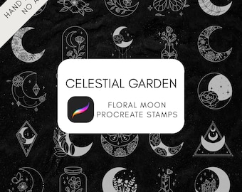 Celestial Procreate Stamps | Mystical Moon Floral Line Art | Tattoo & Sticker Stamp Set | Crystals, Witchy, Boho, Magic Procreate Brush Set