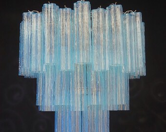 Three-Tier Murano Glass Tube Chandelier - 48 BLUE GLASSES - Mid-century modern