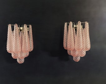 Pair of vintage pink glass petals drop wall sconce