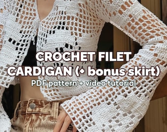 Crochet Filet Cardigan and skirt PDF Pattern + video tutorial