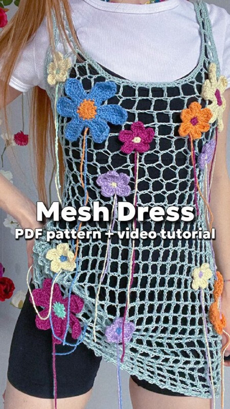 Crochet Mesh Dress with flowers PDF pattern video tutorial zdjęcie 1