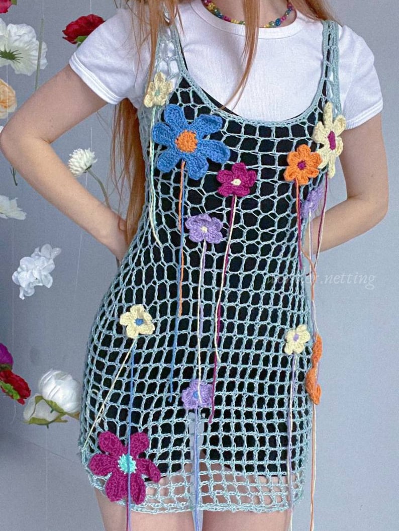 Vestido de malla a crochet con flores Patrón PDF vídeo tutorial imagen 3