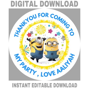 Op de afbeelding: Een digitale download met twee Minion-personages. Het ontwerp bevat de tekst "THANK YOU FOR COMING TO MY PARTY, LOVE AALIYAH" in het blauw, met een gele en witte rand en steraccenten.