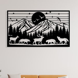 Arte murale rustica in metallo con scena di animali della foresta - Decorazione murale con animali selvatici di montagna