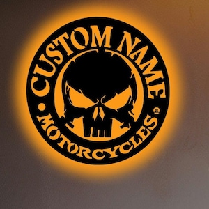 Custom LED Motorcycle Skull Wall Art for Harley Davidson Garage Decor Personalized Metal Garage Sign, Unique Gift for Dad,
