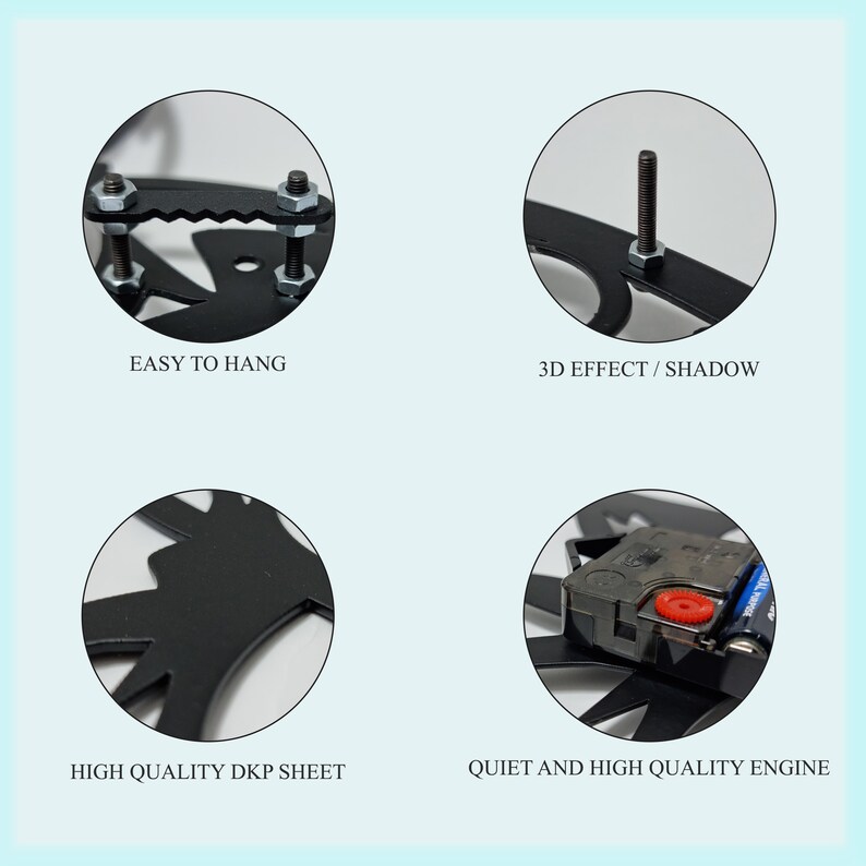 Puede incluir: Primer plano de un reloj de pared de metal negro con efecto 3D. El reloj tiene un motor silencioso y de alta calidad y es f&aacute;cil de colgar. El reloj est&aacute; hecho de chapa DKP de alta calidad.