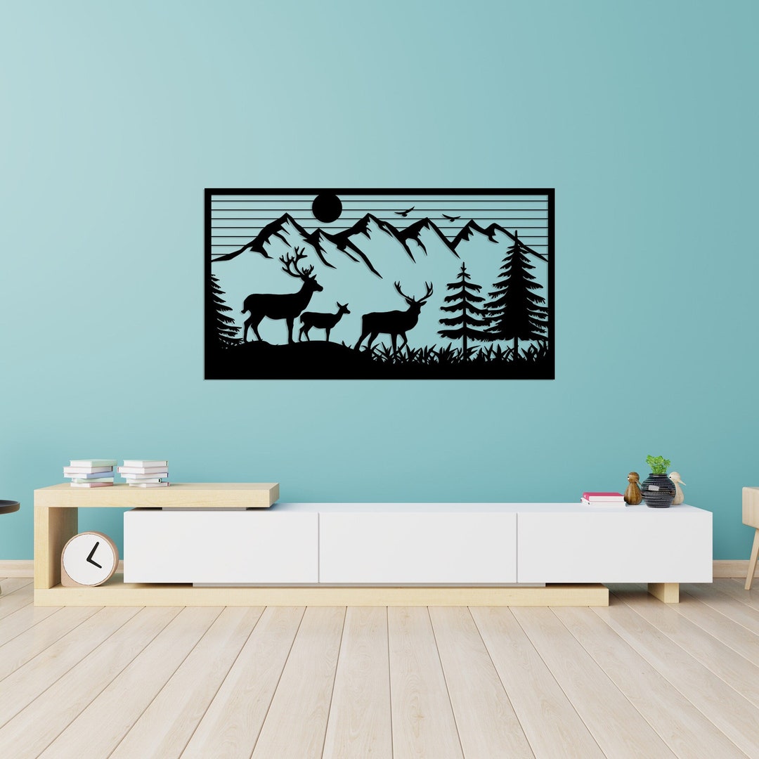 Deer Mountain Scene Metal Wall Art Rustic Woodland Metal Decor