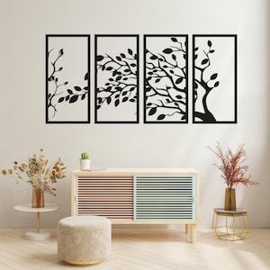 Set di decorazioni da parete in metallo con rami di albero - Decorazione ispirata alla natura a 4 pannelli - Pannelli da parete in metallo tagliati al laser - Grande decorazione da parete - Cartello in metallo personalizzato - Regalo