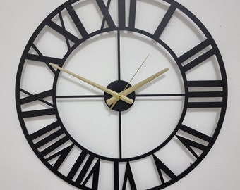 Vintage Black Metal Wall Clock, Oversized Modern Clocks for Wall, Unique Roman Numaral Farmhouse Clock, Handmade Gift