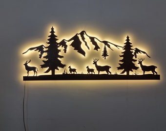 Rustic Deer Mountain Forest Metal Wall Decor, True Rust Color and LED Light, Vintage Wall Art, Unique Farmhouse Gift