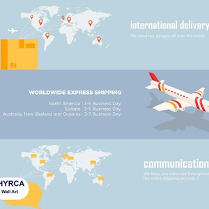Puede incluir: Una ilustraci&oacute;n gr&aacute;fica de un mapa del mundo con alfileres rojos y un avi&oacute;n que entrega una caja marr&oacute;n. Se muestra el texto "entrega internacional" y "Enviamos nuestros dise&ntilde;os a todo el mundo". Debajo del mapa, un avi&oacute;n blanco con rayas rojas y el texto "ENV&Iacute;O EXPRESS MUNDIAL" con los tiempos de entrega estimados para Am&eacute;rica del Norte, Europa y Australia, Nueva Zelanda y Ocean&iacute;a. El texto "HYRCA Wall Art" se muestra en un globo de di&aacute;logo amarillo con un mapa del mundo y globos de di&aacute;logo en el fondo. El texto "comunicaci&oacute;n" y "Te mantenemos informado durante todo el proceso de env&iacute;o." se muestra debajo del mapa del mundo.