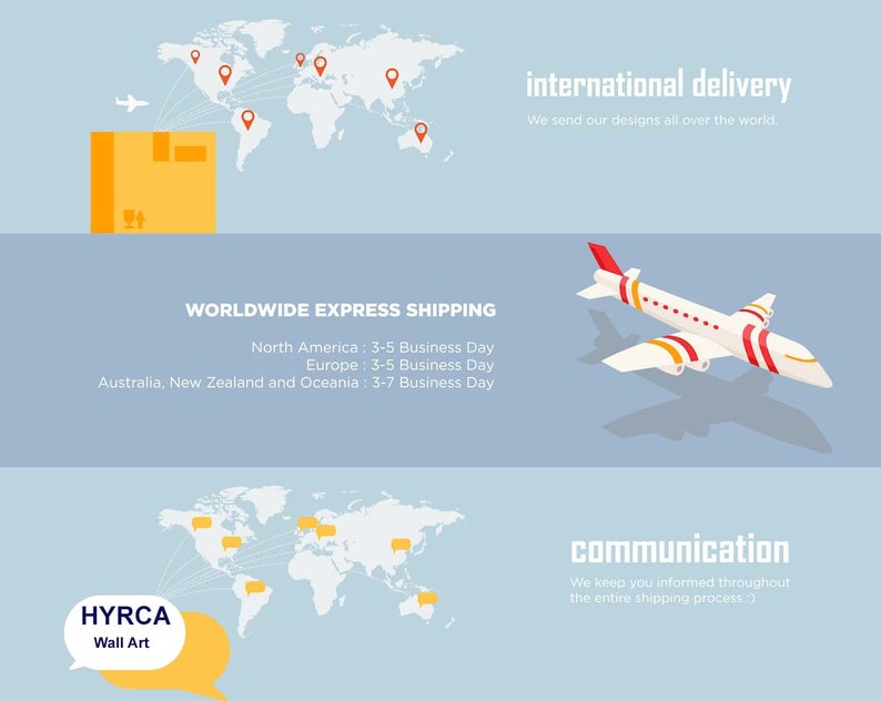 Puede incluir: Una ilustraci&oacute;n gr&aacute;fica de un mapa del mundo con alfileres rojos y un avi&oacute;n que entrega una caja marr&oacute;n. Se muestra el texto "entrega internacional" y "Enviamos nuestros dise&ntilde;os a todo el mundo". Debajo del mapa, un avi&oacute;n blanco con rayas rojas y el texto "ENV&Iacute;O EXPRESS MUNDIAL" con los tiempos de entrega estimados para Am&eacute;rica del Norte, Europa y Australia, Nueva Zelanda y Ocean&iacute;a. El texto "HYRCA Wall Art" se muestra en un globo de di&aacute;logo amarillo con un mapa del mundo y globos de di&aacute;logo en el fondo. El texto "comunicaci&oacute;n" y "Te mantenemos informado durante todo el proceso de env&iacute;o." se muestra debajo del mapa del mundo.