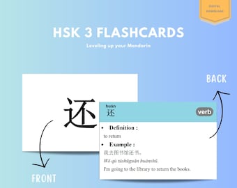 Op de afbeelding: Een blauwe en witte flashcard met het Chinese karakter 还 (huán) wat "terugkeren" betekent. De voorkant van de kaart toont het karakter en de pinyin, terwijl de achterkant de definitie, een voorbeeldzin in het Chinees en Engels, en het woord "werkwoord" bevat.