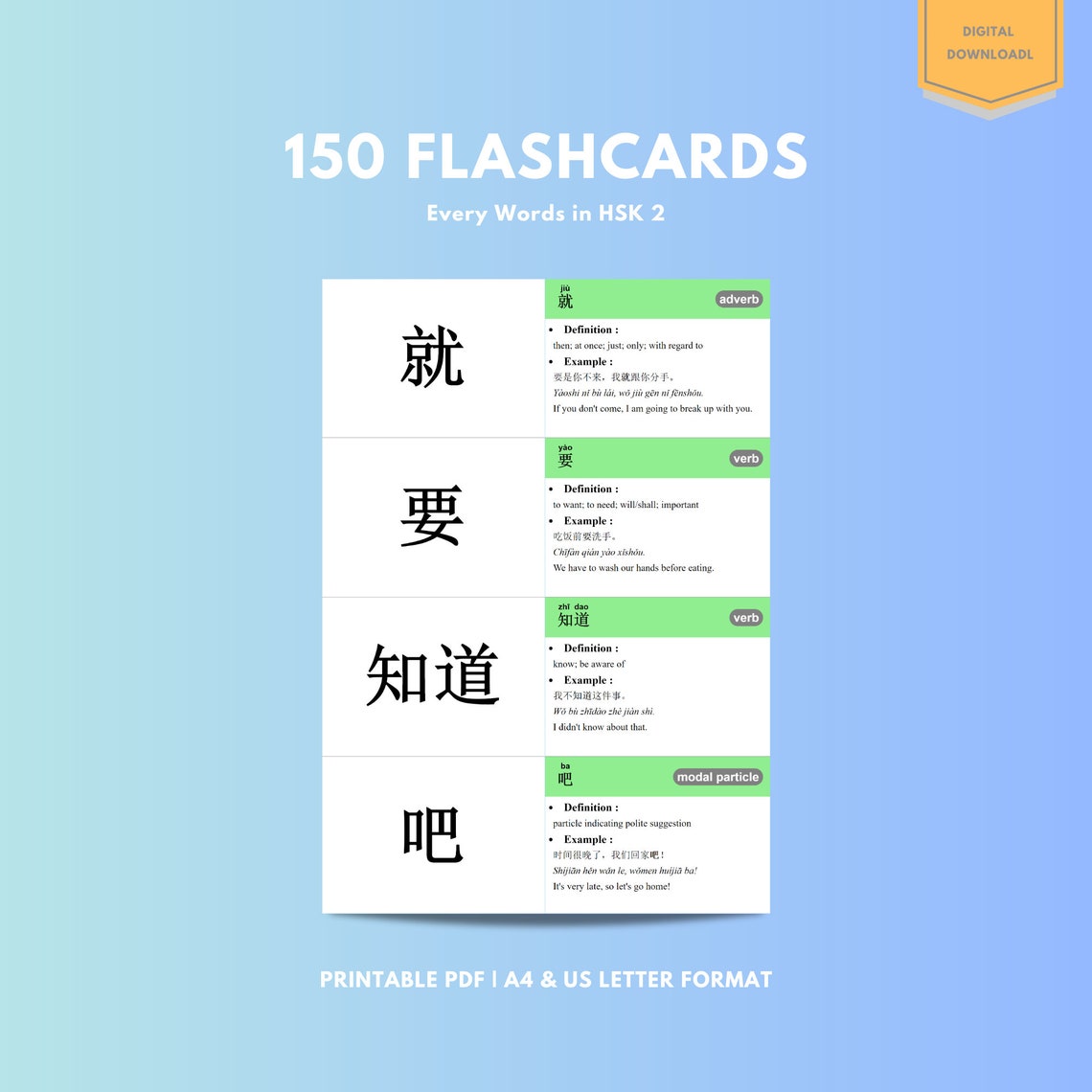 HSK 2 Flashcards Bundle With Worksheets, Chinese Learning Set, Study ...