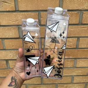 Personalised Paper Plane Design Milk Carton | Water Bottle | Summer | Clear Acrylic Bottle