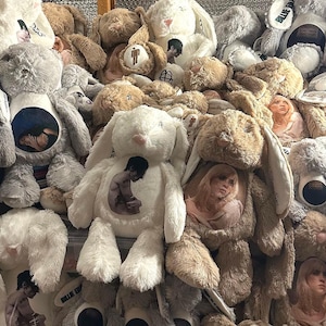 May include: A selection of plush bunny rabbits in shades of grey, brown, and white. Each bunny has a printed image on its chest, with some featuring portraits of people. The bunnies have long ears and soft, fluffy textures.