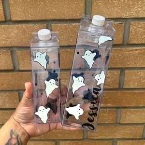 Personalised Ghost Design Milk Carton | Water Bottle | Summer | Glow In Dark | Halloween | Clear Acrylic Bottle