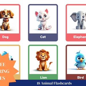 Ensemble de 18 cartes flash amusantes sur les animaux avec des pages à colorier gratuites pour l'apprentissage des enfants * 7 OPTIONS DE LANGUE