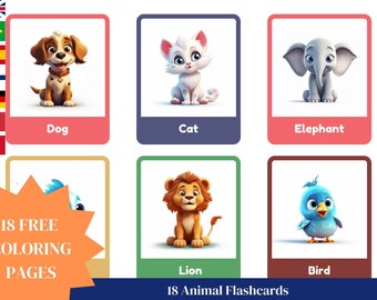 Ensemble de 18 cartes flash amusantes sur les animaux avec des pages à colorier gratuites pour l'apprentissage des enfants * 7 OPTIONS DE LANGUE