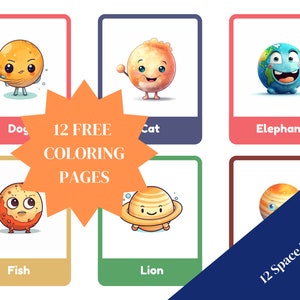 Ensemble de 12 cartes mémoire amusantes sur l'espace avec des pages à colorier gratuites pour l'apprentissage des enfants * 7 OPTIONS DE LANGUE