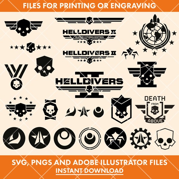 Helldivers Digital Download Designs | Outline files - SVG, PNGs and Adobe Illustrator files | Helldivers 2 Game Bundle |  Logo Vector Files