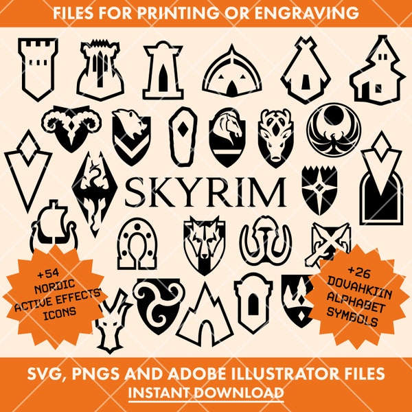 Skyrim Game Digital Download Designs | Outline files - SVG, PNGs and Adobe Illustrator files | Skyrim Game Vector Logos and icons