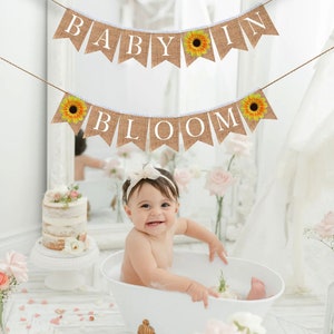 Banner BABY IN BLOOM con girasole - Bandierine rustiche in tela per striscioni floreali per baby shower, decorazioni floreali per la doccia