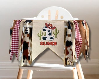 First RODEO PERSONALIZED Highchair , Cowboy 1st BIRTHDAY One Banner with Tassels  | Pre-Assembled Ready to Hang