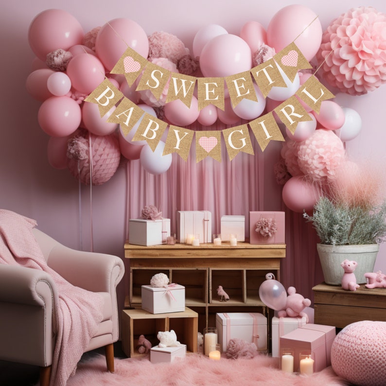 Pink Sweet Baby Girl Shower Garland Rustic Chic Banner for Baby Girl