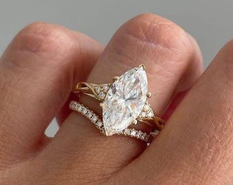 Marquise Cut Moissanite Bridal Set 14K Gold Engagement Ring with Curved Diamond Band Unique Wedding Ring Set for Women Handmade Promise Ring