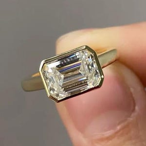 1.00 CT East-West Emerald Cut Moissanite Diamond Ring – 14K Yellow Gold Bezel Set Solitaire Engagement Ring – Proposal Gift Ring for Women