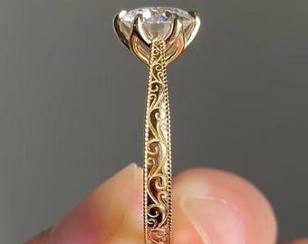 2CT Round Moissanite Engagement Ring, 14K Yellow Gold Art Deco Filigree Cathedral Bridal Ring, Vintage Wedding Anniversary Promise Gift Ring